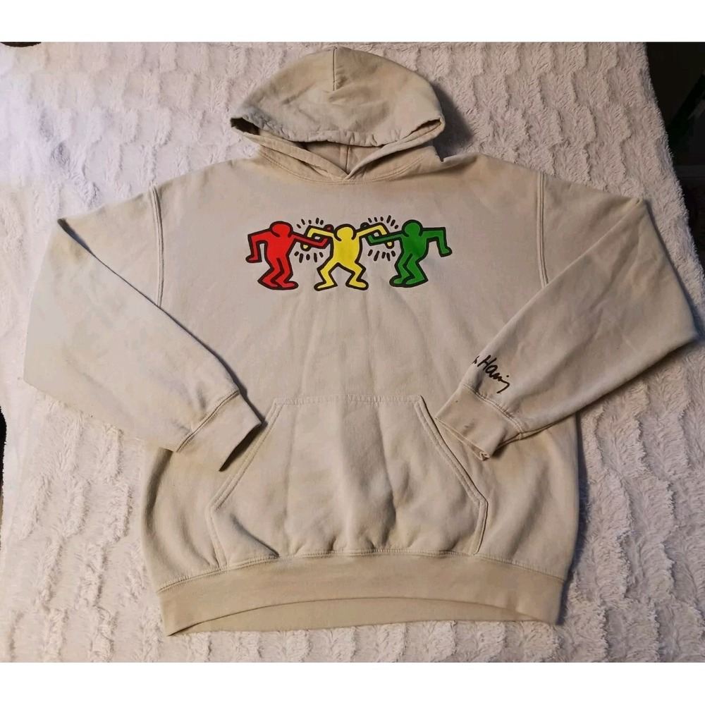 Keith Haring "Arms United" Art Beige Pullover Hoodie Sweatshirt Mens Size Medium